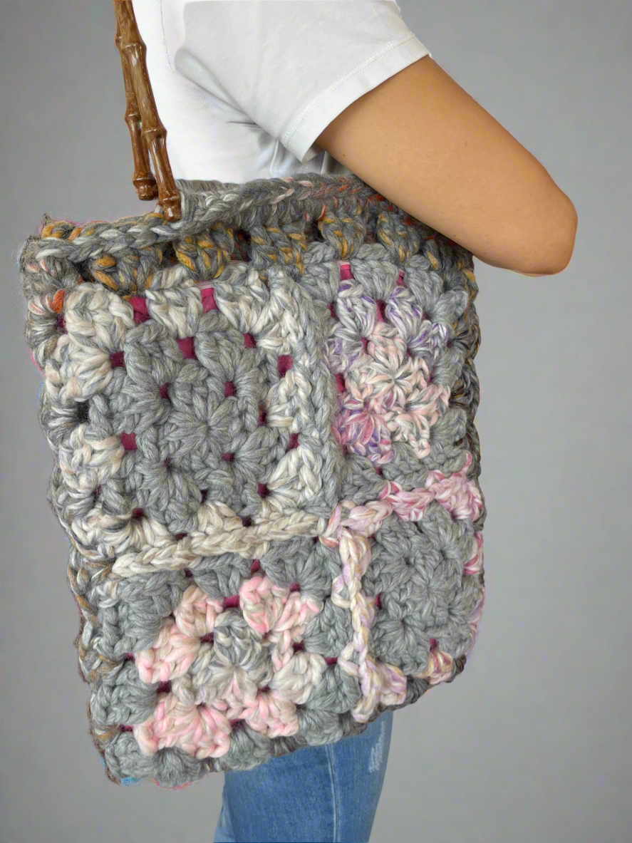 Granny squares Pink Gray winter bag with handles