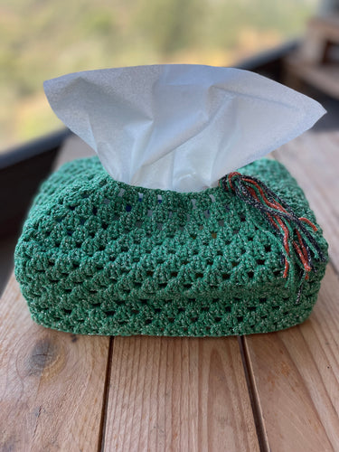 Green Metallic Silver Crochet Tissue Box Cover Tassel