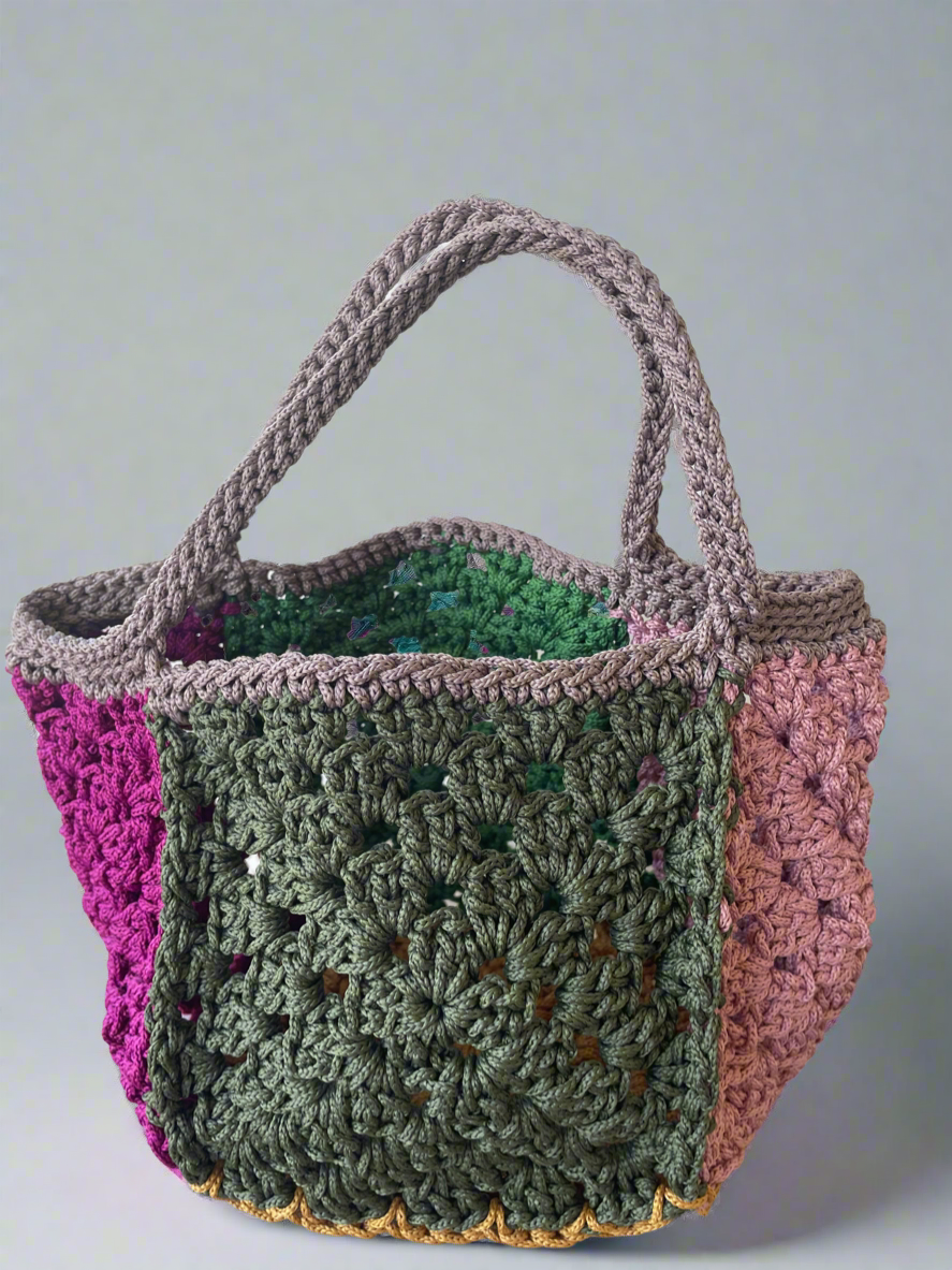 Handmade Granny Squares Bag - Green Pink Mustard Taupe Purple