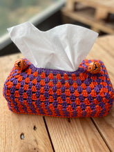 Load image into Gallery viewer, Crocheted Halloween-themed tissue holder with white tissues on a wooden surface
