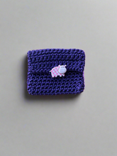 Load image into Gallery viewer, Purple crocheted pouch with a pink cow button
