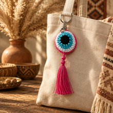 Load image into Gallery viewer, Black cyan white pink crochet evil eye key chain
