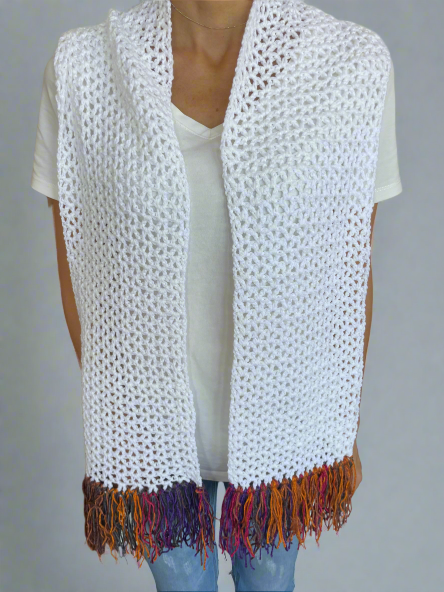 White crochet winter scarf coloured fringe