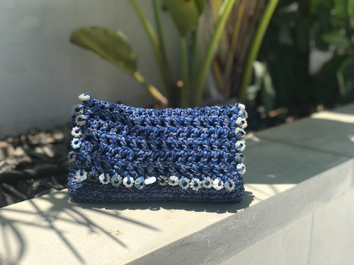 Handmade unique blue crochet clutch with glass flowers