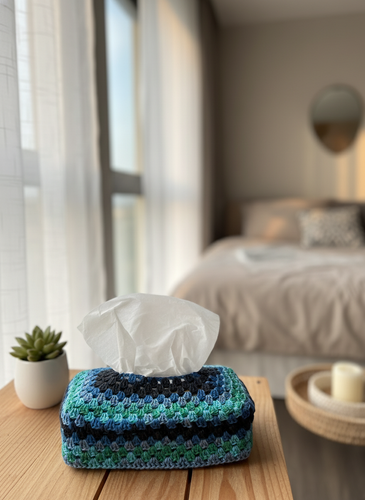 Black Blue Cyan Green Crochet Tissue Box Cover with Tissues - Lifestyle