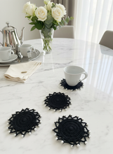 Load image into Gallery viewer, Black Crochet Coasters Set of 4 Lifestyle

