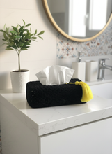 Load image into Gallery viewer, Black tarboosh tissue box cover in home
