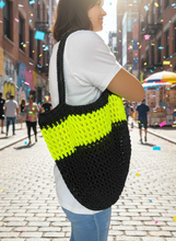 Load image into Gallery viewer, Black Yellow Neon Net Polyester Crochet Bag Lifestyle - Handmade Bold Summer Tote | CKKoetter
