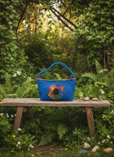 Load image into Gallery viewer, Blue Crochet Shoulder Bag on Bench
