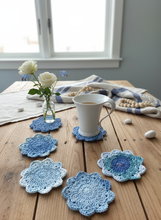 Load image into Gallery viewer, Blue Flower Crochet Coasters Set of 6 Lifestyle
