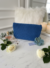 Load image into Gallery viewer, Blue Velvet Crochet Clutch Lifestyle Photo
