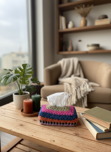 Colorful crochet tissue box cover in lifestyle setting