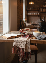 Load image into Gallery viewer, Colorful Granny Squares Crochet Scarf Fringes Lifestyle - Handmade Winter Accessory | CKKoetter
