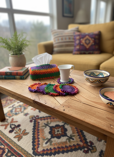 Crochet coasters and tissue box cover set in lifestyle setting