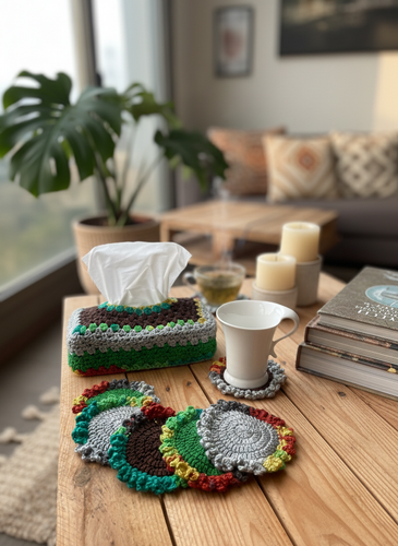 Crochet tissue box cover and coasters set in lifestyle setting
