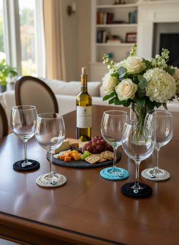 Evil eye coasters set of 6 with wine glasses in elegant setting