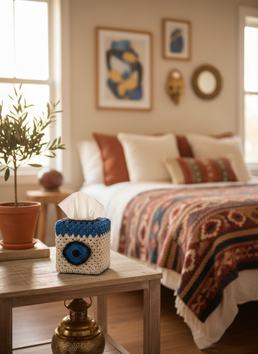 Evil eye crochet tissue box cover in styled home interior with warm natural lighting