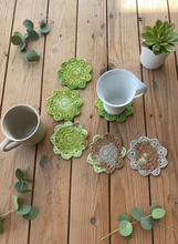 Load image into Gallery viewer, Green Flower Crochet Coasters Set of 6
