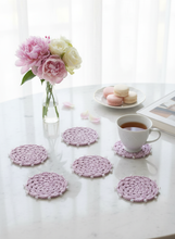 Load image into Gallery viewer, Lifestyle background for pink cotton crochet coasters

