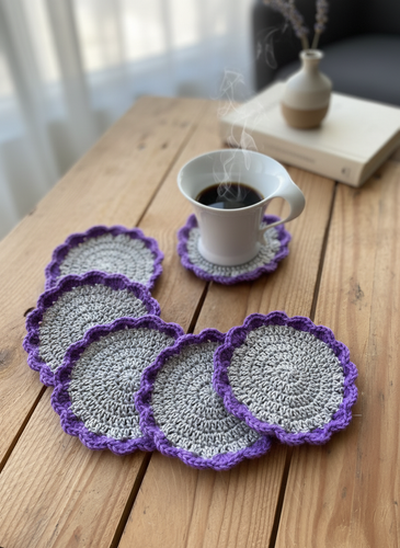 Lifestyle scene with 6 purple and gray crochet coasters