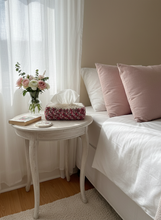 Load image into Gallery viewer, Off White Brown Pink Crochet Tissue Box Cover on Bedside Table
