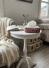 Load image into Gallery viewer, Off White Brown Pink Crochet Tissue Box Cover on Shabby Chic Side Table
