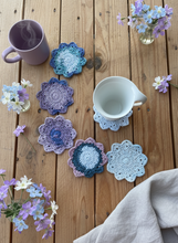 Load image into Gallery viewer, Purple Blue Flower Crochet Coasters Lifestyle
