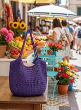 Load image into Gallery viewer, Purple Polyester Net Crochet Bag Handles Lifestyle - Handmade Summer Tote | CKKoetter
