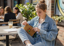 Load image into Gallery viewer, Teenage girl holding mustard yellow crochet zipper pouch
