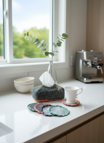 Tissue box cover and coasters set in kitchen