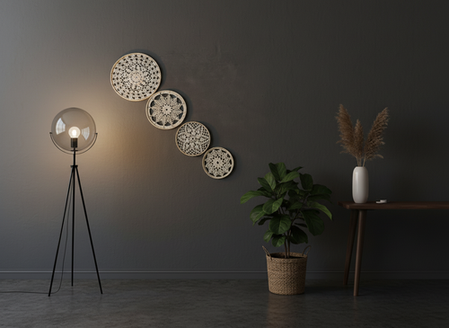 Vintage crochet wall hanging on dark wall