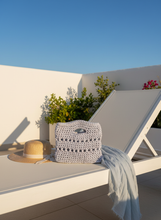 Load image into Gallery viewer, White crochet bag with metallic silver accents - beach lifestyle

