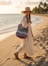 Load image into Gallery viewer, Woman Holding Purple Gray White Bag
