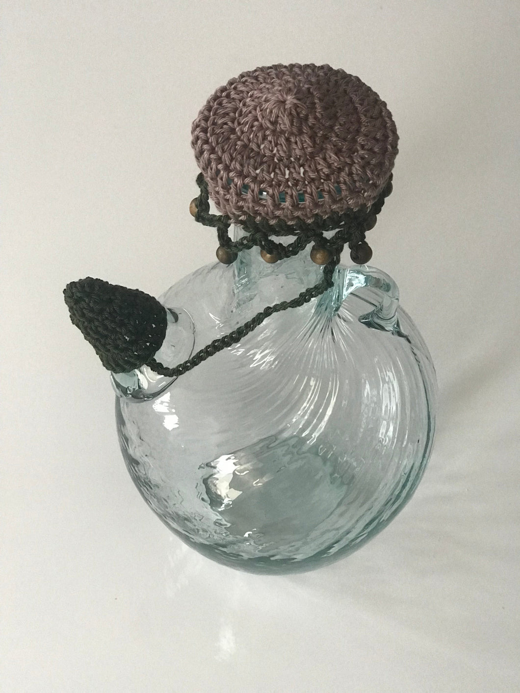 Lebanese ibriq crochet cover brown green wooden beads 