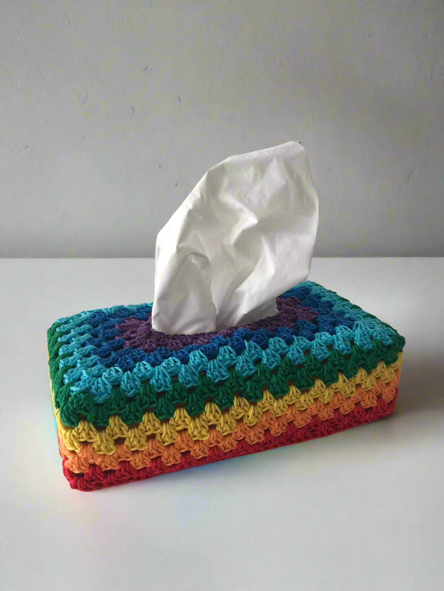 Cotton crochet rainbow colours tissue box cover 