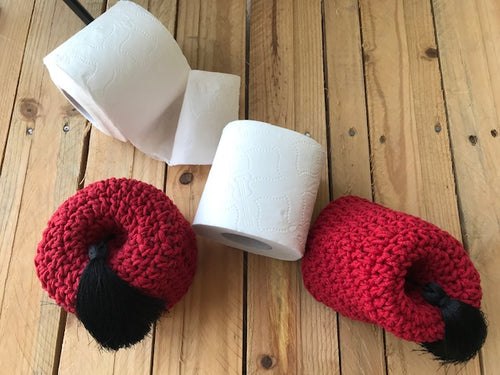 Red Tarboosh crochet toilet paper roll cover